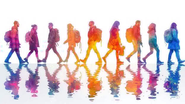 People traveling together with watercolor silhouettes and colorful reflections photo