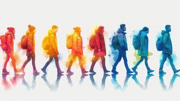 Diverse people walking with backpacks colorful watercolor style photo