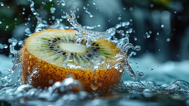 Kiwi fruit slice surrounded by water splash freshness in food macro photo