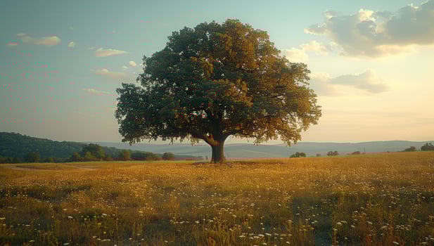 Solitary tree in golden field nature landscape photo