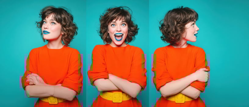 The joyful woman in vibrant orange dress with colorful makeup and expressive poses. photo