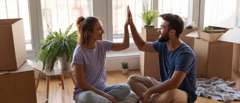 The couple celebrates new beginnings with a joyful high-five during their move. photo