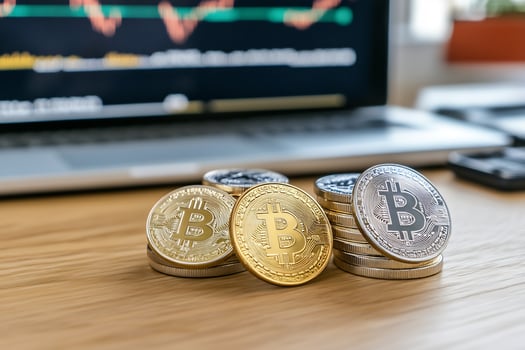 Stacked cryptocurrency coins in front of a laptop displaying market trends photo