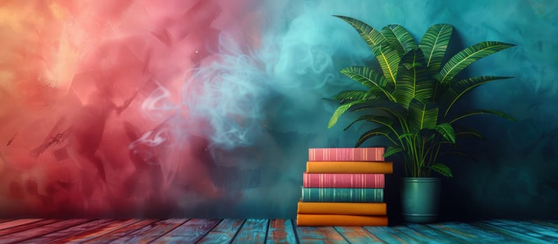Books and plant still life with colorful abstract background for study or reading photo