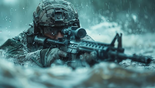 Soldier armed in water camouflage uniform aiming rifle photo
