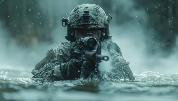 Soldier in water aims rifle wearing camouflage uniform and helmet photo