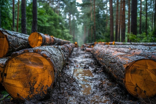 Pile of timber logs in forest natural resource and sustainable industry photo