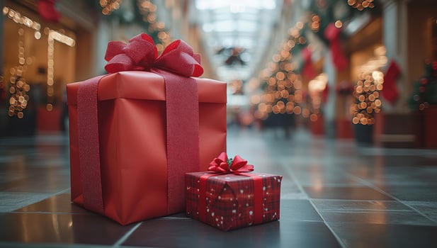 Wrapped holiday gifts with red ribbons and festive background photo