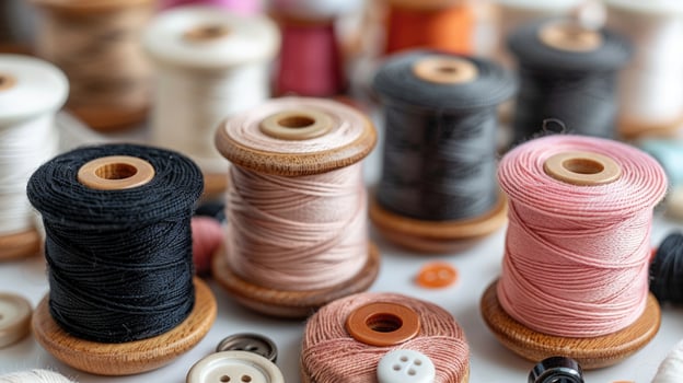 Craft threads spools on wooden bases sewing and tailoring equipment still life photo