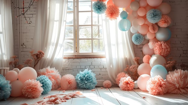 Pastel balloons and paper decorations celebration design festive interior photo