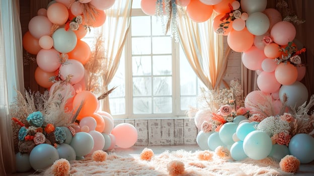 Pastel balloon arch decoration for festive event background photo