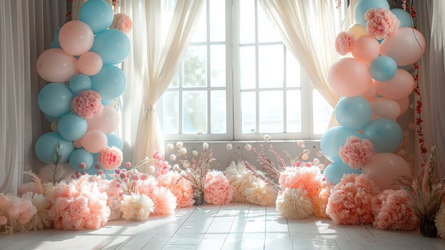 Pastel balloons and floral decorations for celebration backdrop photo
