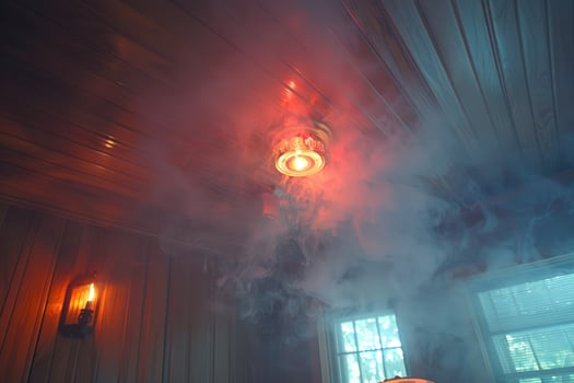 Smoky room interior with wooden ceiling and soft light creating an atmospheric background photo