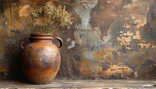Rustic terracotta vase with dried floral arrangement against distressed wall photo