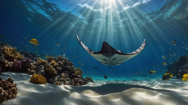 Underwater scene featuring a graceful manta ray gliding over sandy ocean floor with vibrant coral photo
