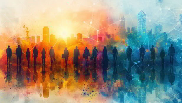 Diverse group walking towards a digital cityscape artwork photo