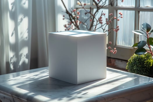 Minimalist white cube on marble surface with natural light and botanical elements photo