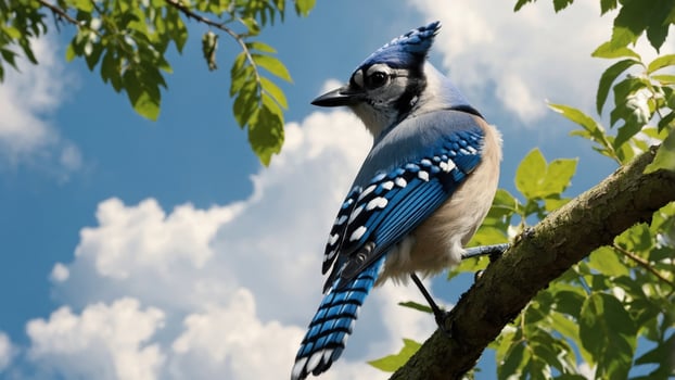A blue jay perched on a branch with green leaves photo