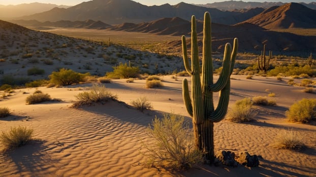 Majestic cactus stands tall in a sunlit desert landscape, with rolling mountains in the background photo