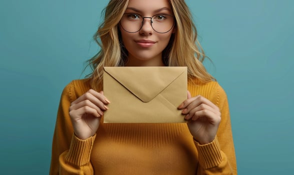 Woman hold envelope invitation corporate mail offer photo