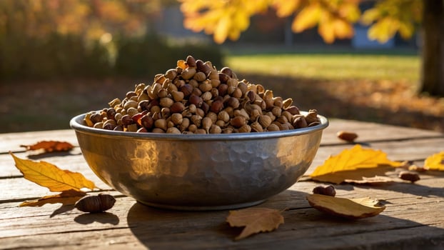 Bowl of assorted nuts placed on a wooden table surrounded by autumn leaves in a sunny park photo