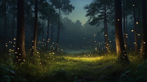 Enchanted forest scene illuminated by fireflies at dusk, showcasing nature's magic and tranquility photo