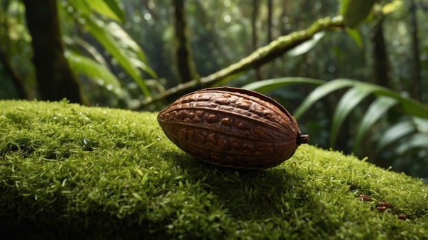 Cocoa pod resting on lush green moss in a tropical rainforest, showcasing natural beauty and biodiversity photo