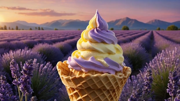Lavender field at sunset featuring a vibrant ice cream cone with swirls of purple and yellow photo