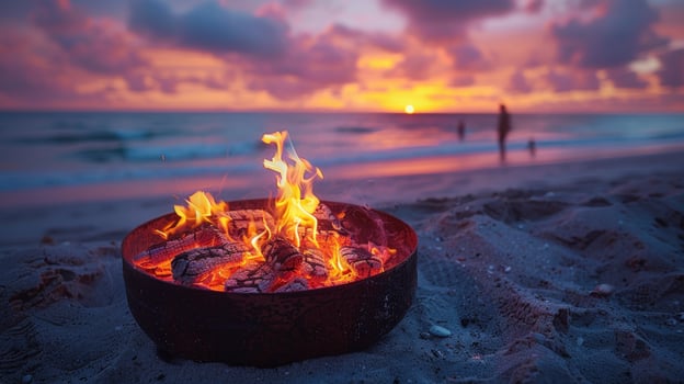 Beach bonfire at sunset ocean seascape with fire pit and vibrant sky photo