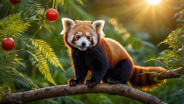 A red panda is sitting on a branch with tomatoes photo