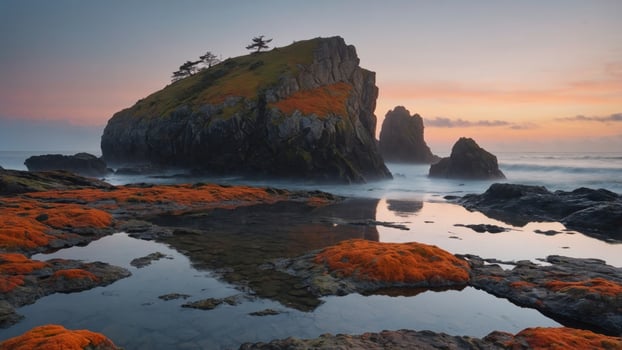 Serene coastal landscape at sunset with vibrant moss-covered rocks and gentle ocean waves photo