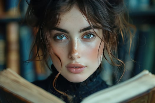 Portrait of a young woman reading book in library photo