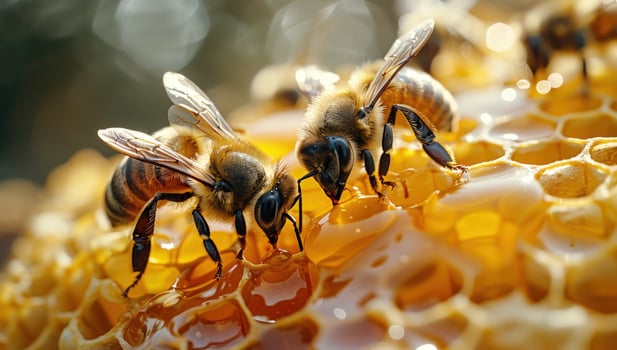 Honeybees feeding on honeycomb detailed close up macro view photo
