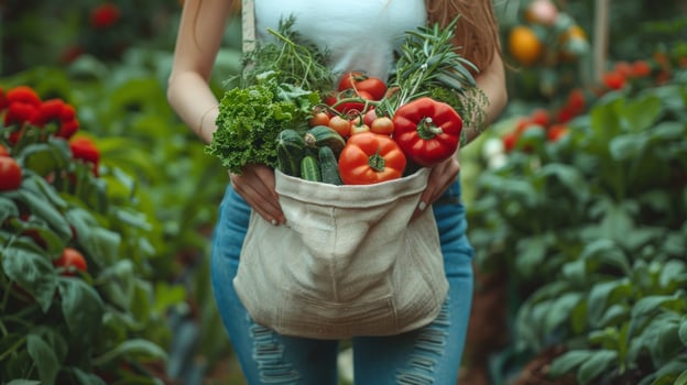 Woman holding fresh vegetable harvest in canvas bag photo