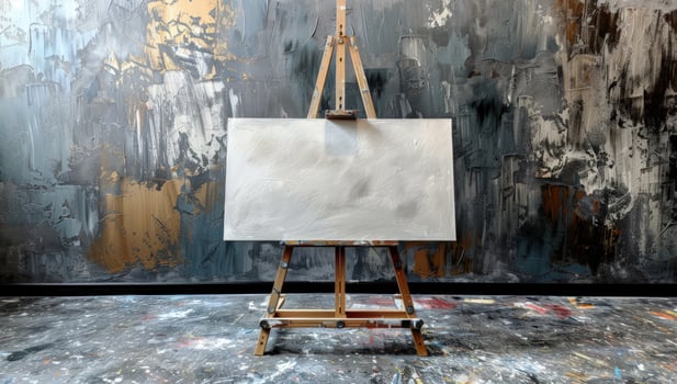 Artist studio with easel and canvas against textured backdrop photo