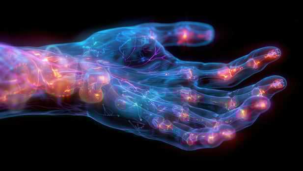 Detailed hand anatomy with glowing nerves and vessels medical illustration photo