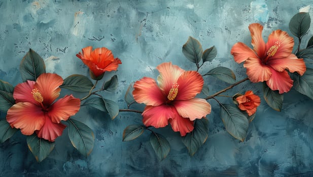 Hibiscus floral arrangement on textured blue background decorative botanical flower petal artwork pattern photo