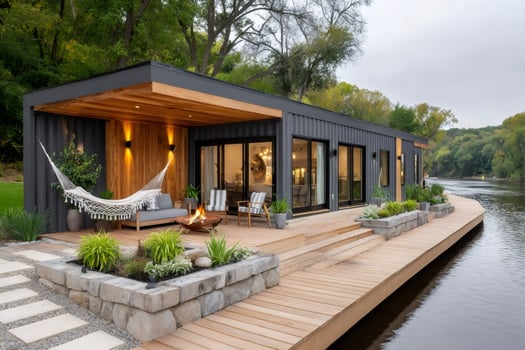 Modern container home exterior with wooden deck overlooking river photo
