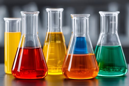 Colorful chemical solutions in glass flasks creating vibrant laboratory display photo