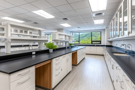 Modern laboratory interior showing equipment and mountain view photo