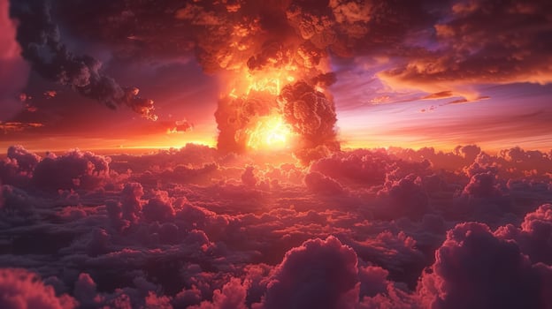 Dramatic cloudscape at sunset with radiant light above sea of ethereal clouds photo