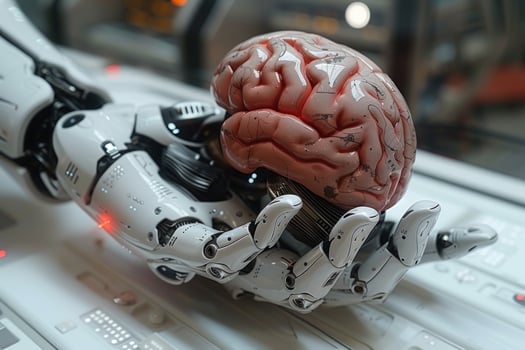 Robotic hand holding human brain artificial intelligence and future technology concept photo