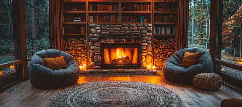 Cozy interior with fireplace beanbag chairs and forest view photo