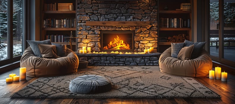 Cozy interior with fireplace and beanbag chairs for relaxation photo