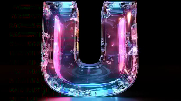 Glass letter u illuminated with pink and blue light on black backdrop photo