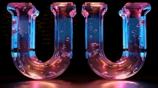 Glass letter u shapes with bubbles and pink blue gradient on dark backdrop photo