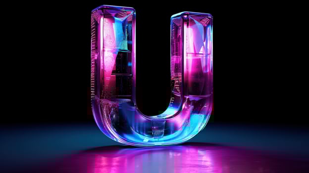 Translucent letter u illuminated on dark reflective surface photo