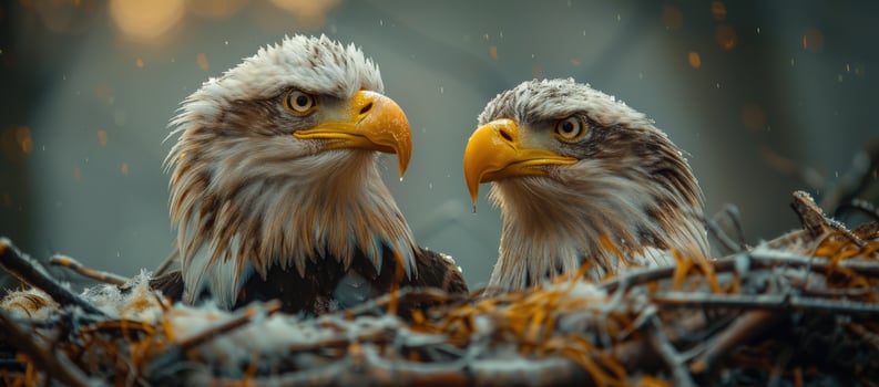 Two majestic eagles in nest wildlife close up photo