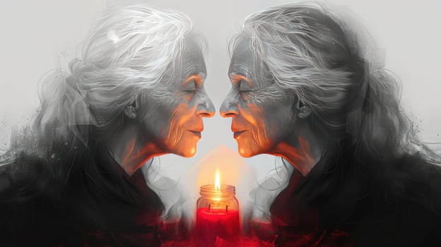 Contemplative profile of elderly woman with candlelight reflection photo