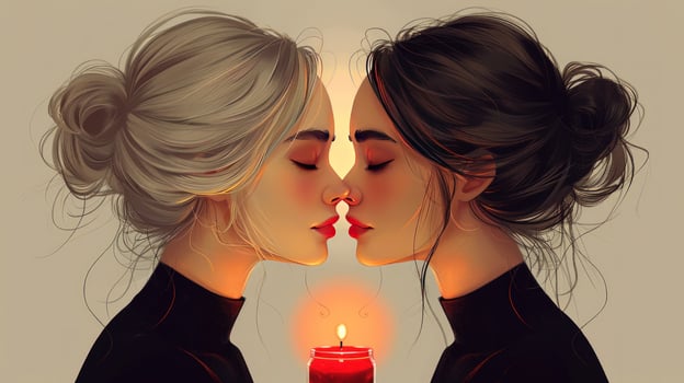 Two women approaching embrace in soft candlelight portrait photo